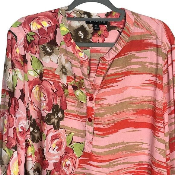 N Touch Tunic Top Women’s Sz 2X Roll Tab Sleeves Boho Coral Floral Lightweight - Picture 2 of 8